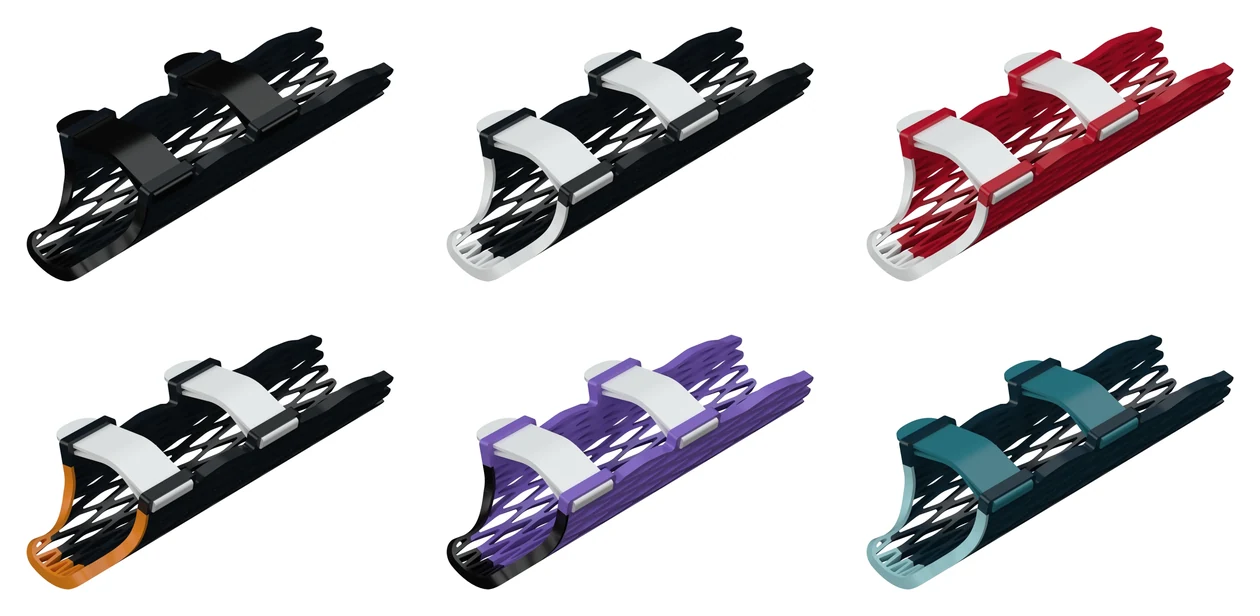 The same Struxaform Full-Finger Splint rendered in six colorways: Onyx, Frost, Pulse, Ember, Eclipse and Twilight.