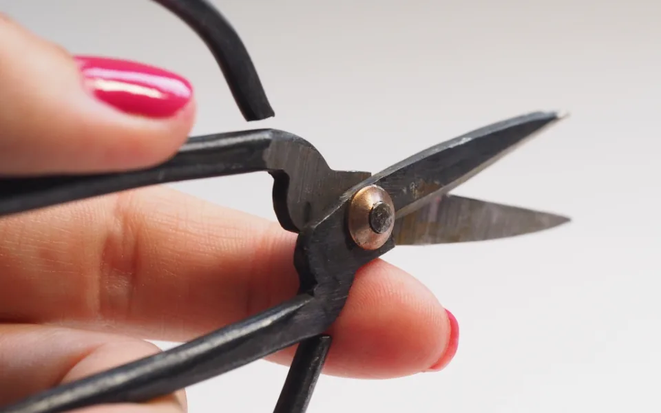 A hand holding a pair of small open shears against a plain background